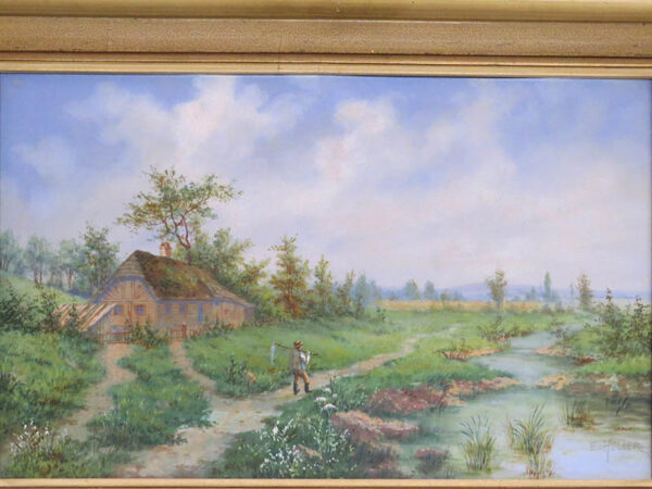STAROZITNY-OBRAZ-MALIR-HELLER-CHALUPA-U-VODY-KRAJINA